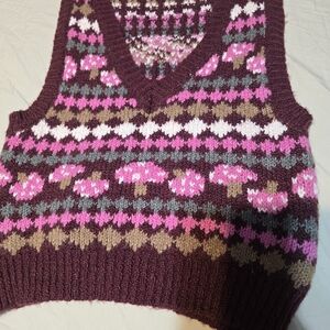 Forever 21 V-Neck Sweater Vest - Pink, Brown Mushroom Print. Size Sm Grandma